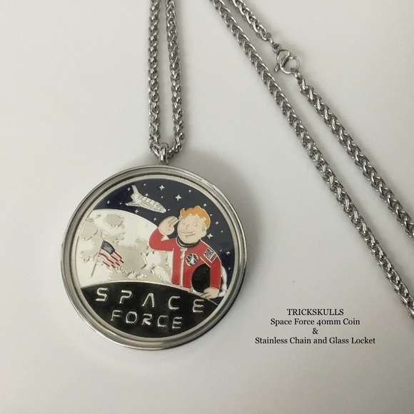 Space Force Enamel Coin in Stainless and Glass Locket & Custom Wheat Link Chain - Picture 10 of 10